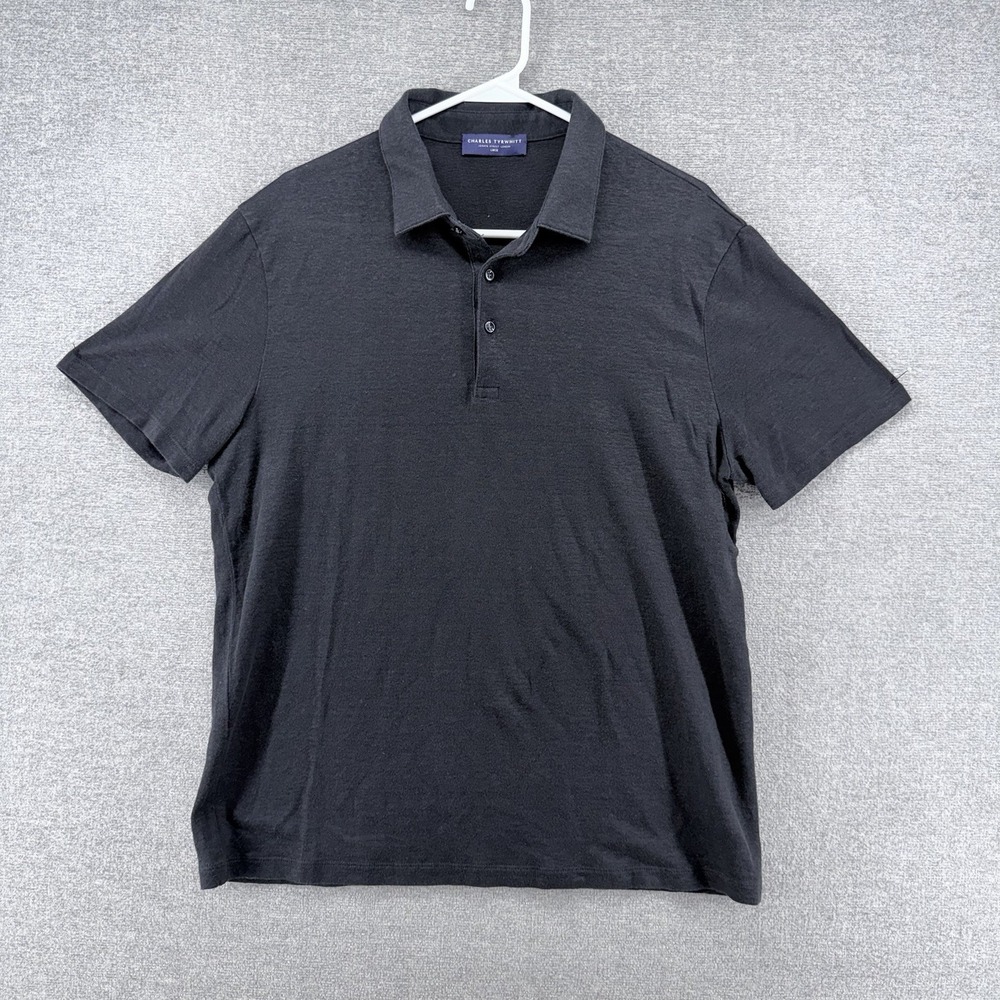 Charles Tyrwhitt Polo Shirt Men Size Large Black 100% Linen Short Sleeve